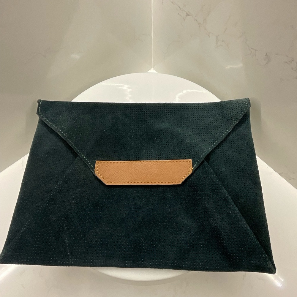 Anthropologie Schuler & Sons Dark Green Suede Leather Envelope Clutch